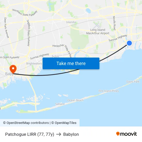Patchogue LIRR (77, 77y) to Babylon map