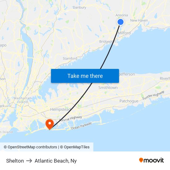 Shelton to Atlantic Beach, Ny map