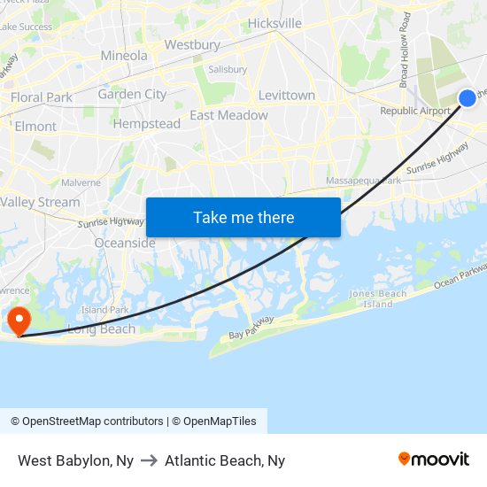 West Babylon, Ny to Atlantic Beach, Ny map