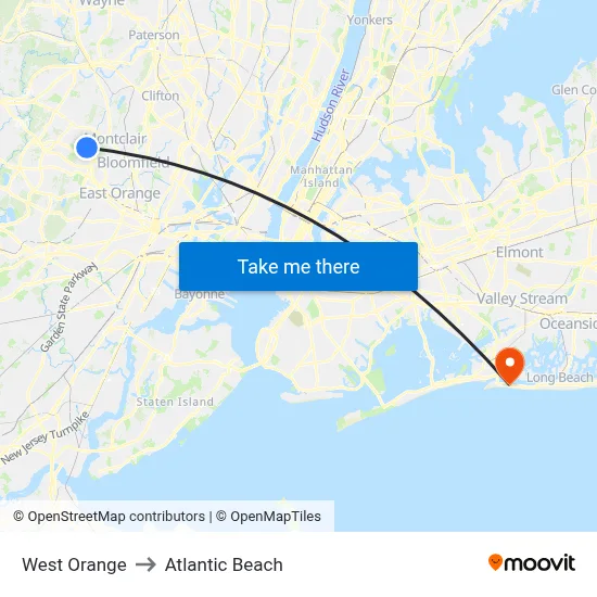 West Orange to Atlantic Beach map