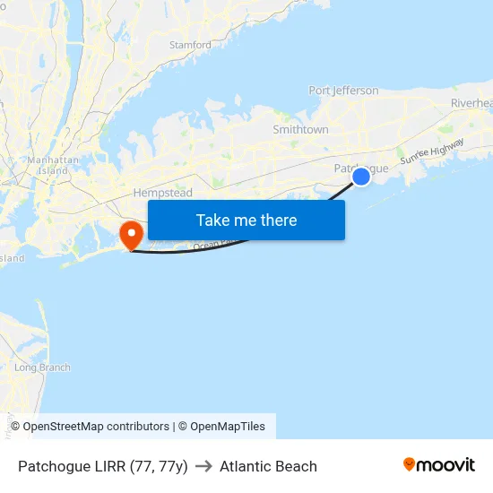 Patchogue LIRR (77, 77y) to Atlantic Beach map