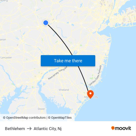 Bethlehem to Atlantic City, Nj map