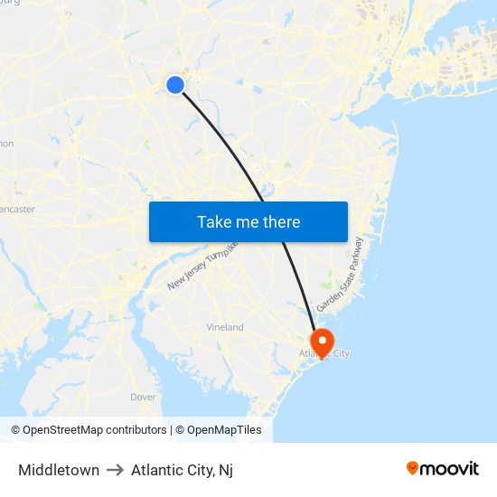 Middletown to Atlantic City, Nj map