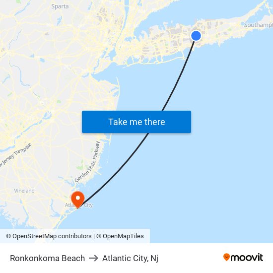 Ronkonkoma Beach to Atlantic City, Nj map