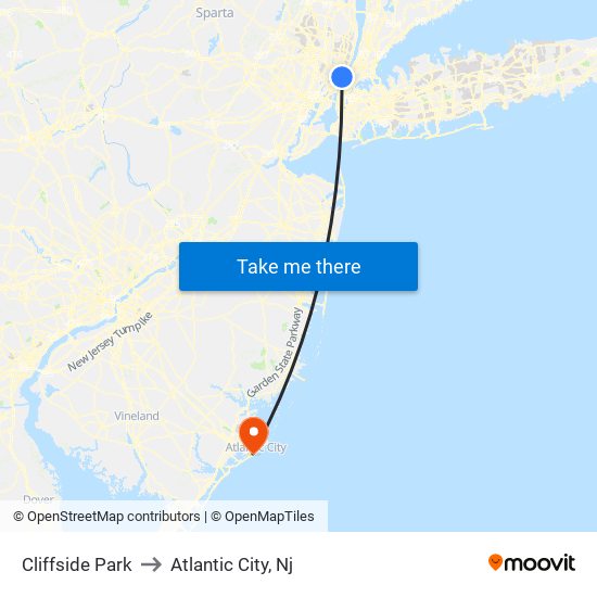 Cliffside Park to Atlantic City, Nj map