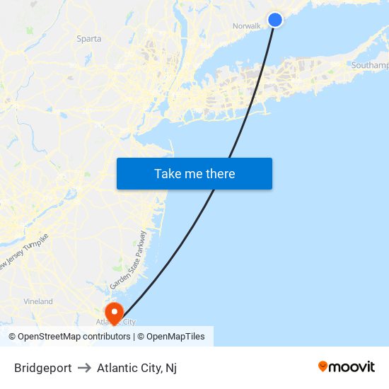 Bridgeport to Atlantic City, Nj map