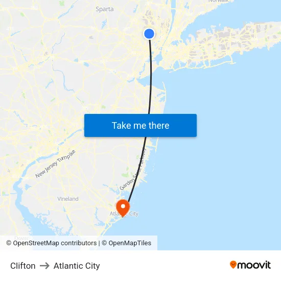 Clifton to Atlantic City map