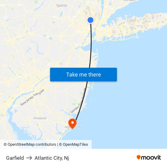 Garfield to Atlantic City, Nj map