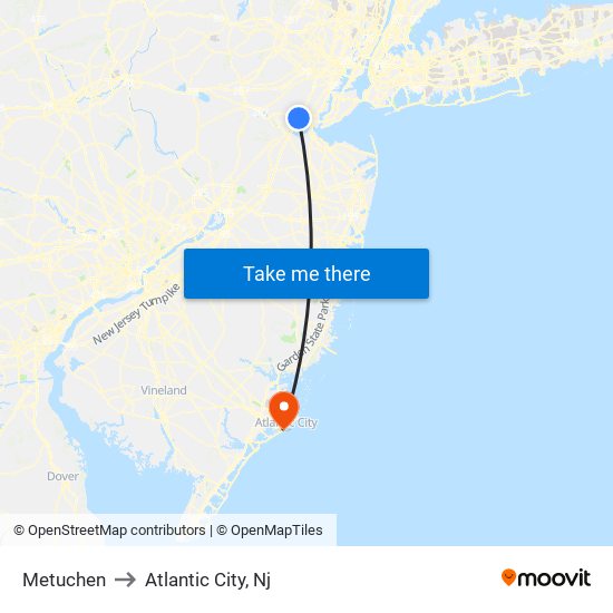 Metuchen to Atlantic City, Nj map