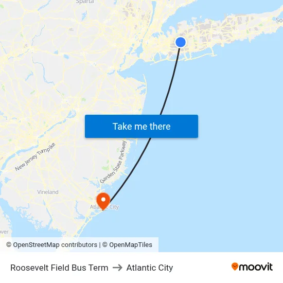 Roosevelt Field Bus Term to Atlantic City map