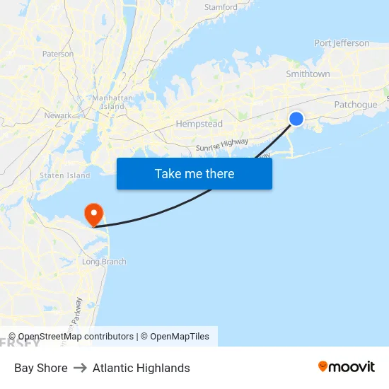 Bay Shore to Atlantic Highlands map
