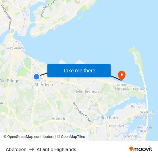 Aberdeen to Atlantic Highlands map