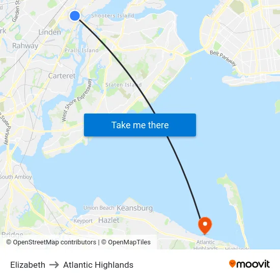 Elizabeth to Atlantic Highlands map