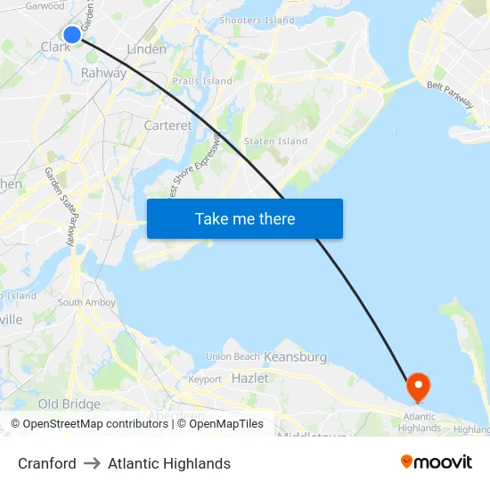 Cranford to Atlantic Highlands map