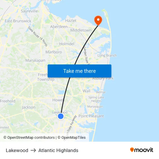 Lakewood to Atlantic Highlands map