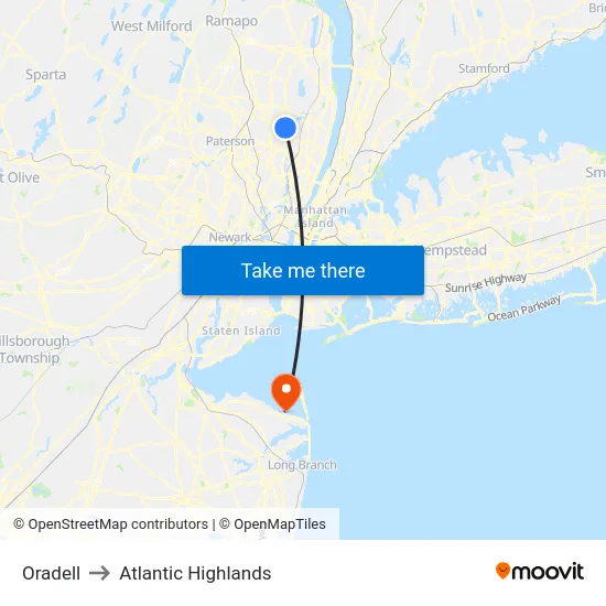 Oradell to Atlantic Highlands map