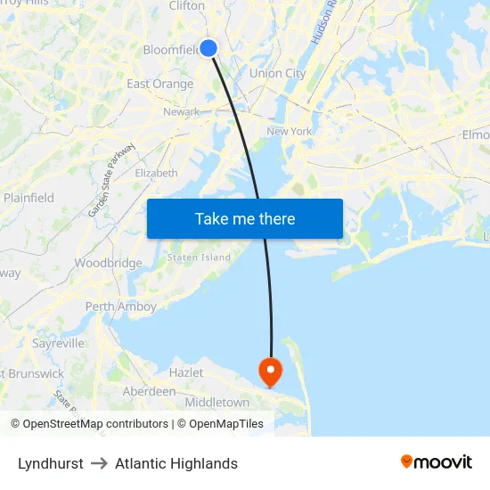 Lyndhurst to Atlantic Highlands map