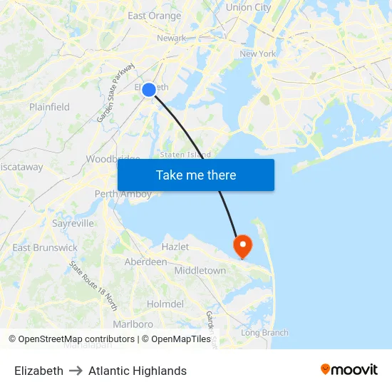 Elizabeth to Atlantic Highlands map