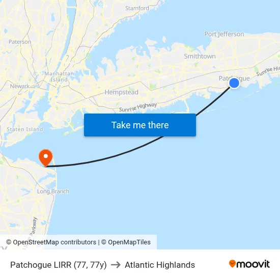 Patchogue LIRR (77, 77y) to Atlantic Highlands map