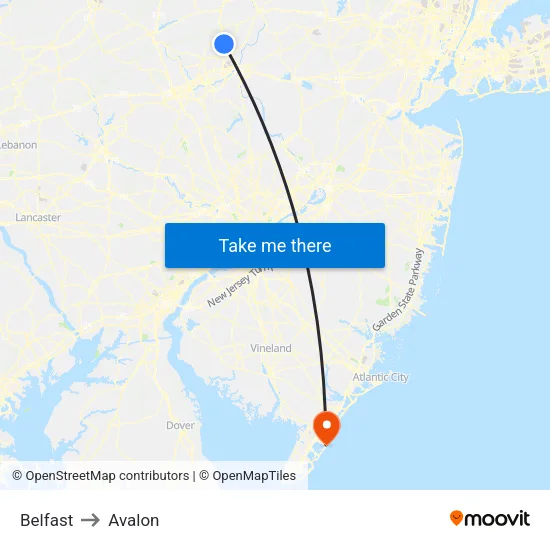 Belfast to Avalon map