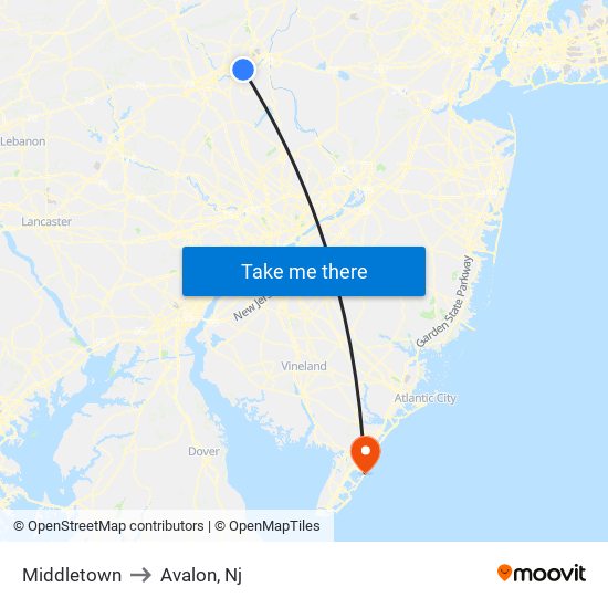 Middletown to Avalon, Nj map