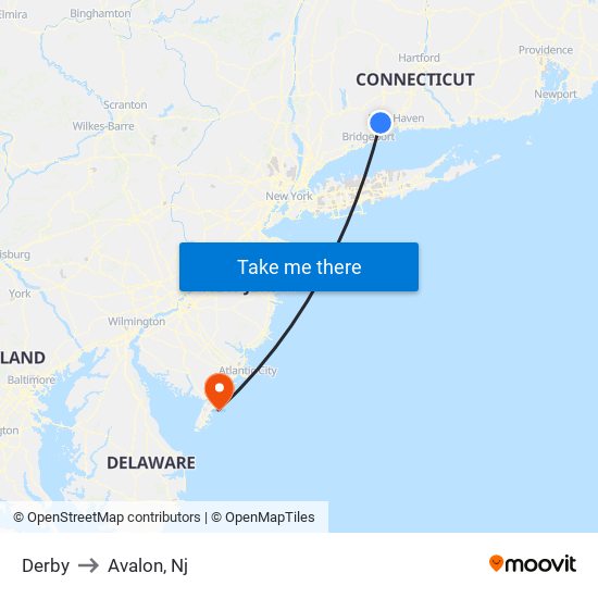 Derby to Avalon, Nj map