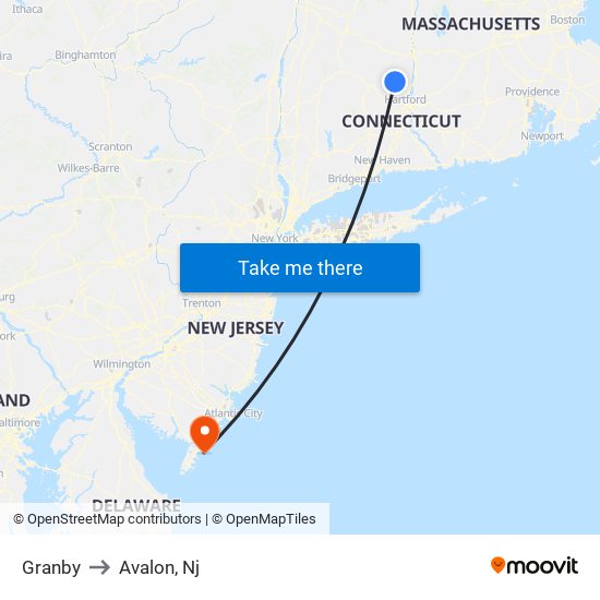 Granby to Avalon, Nj map