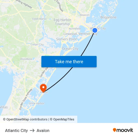 Atlantic City to Avalon map