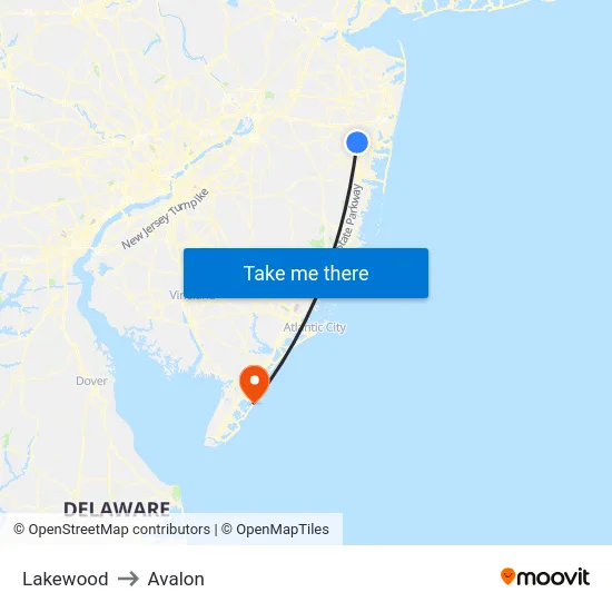 Lakewood to Avalon map