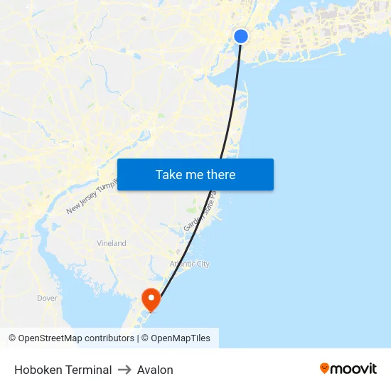 Hoboken Terminal to Avalon map