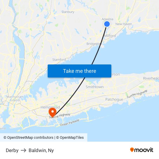 Derby to Baldwin, Ny map