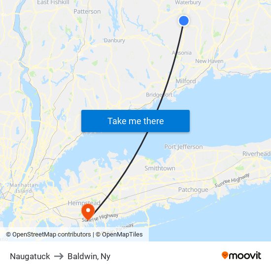 Naugatuck to Baldwin, Ny map