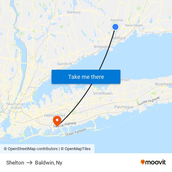 Shelton to Baldwin, Ny map