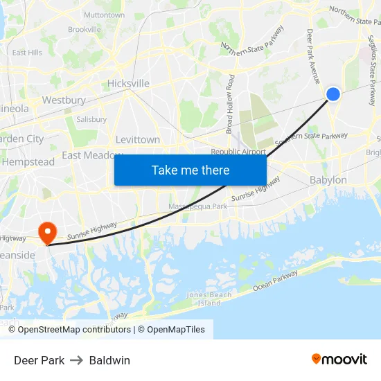 Deer Park to Baldwin map