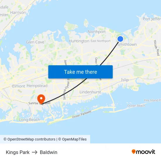 Kings Park to Baldwin map