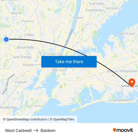 West Caldwell to Baldwin map