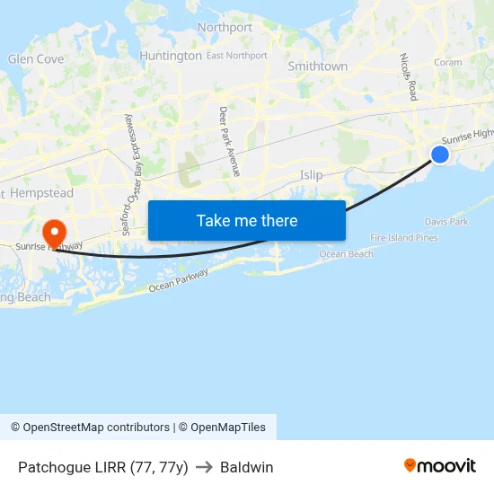 Patchogue LIRR (77, 77y) to Baldwin map