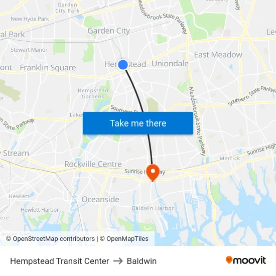 Hempstead Transit Center to Baldwin map
