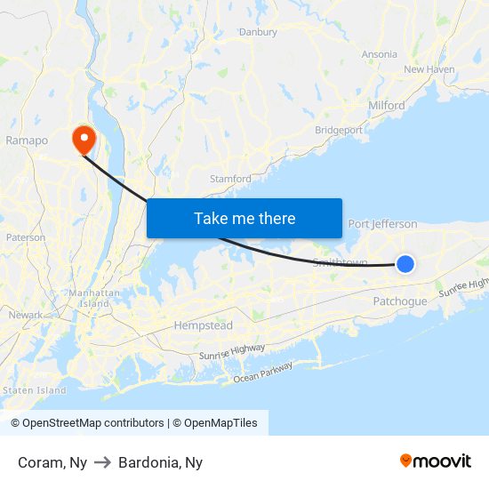 Coram, Ny to Bardonia, Ny map