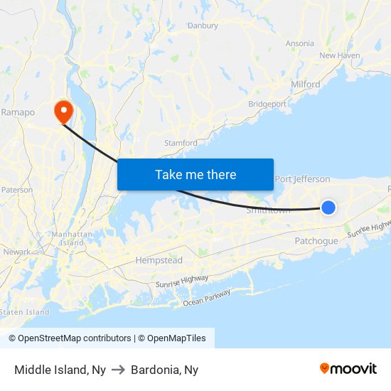 Middle Island, Ny to Bardonia, Ny map