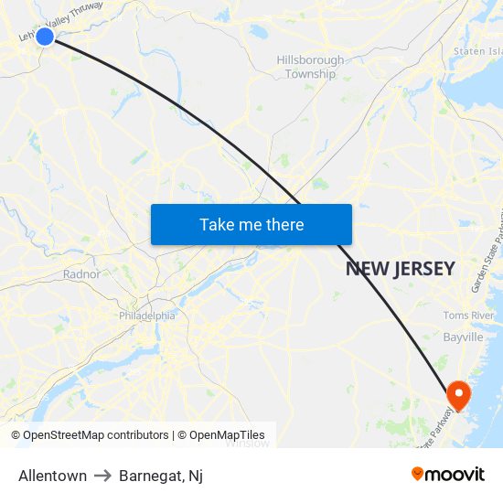 Allentown to Barnegat, Nj map