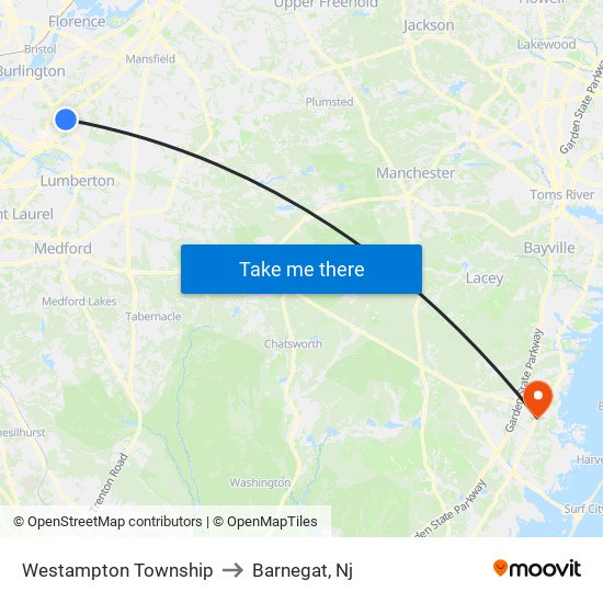 Westampton Township to Barnegat, Nj map