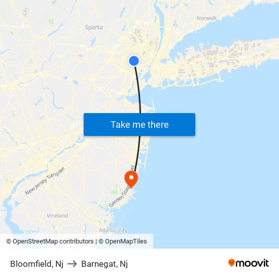 Bloomfield, Nj to Barnegat, Nj map