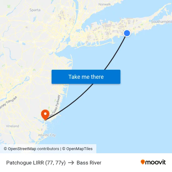 Patchogue LIRR (77, 77y) to Bass River map