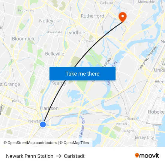 Newark Penn Station to Carlstadt map