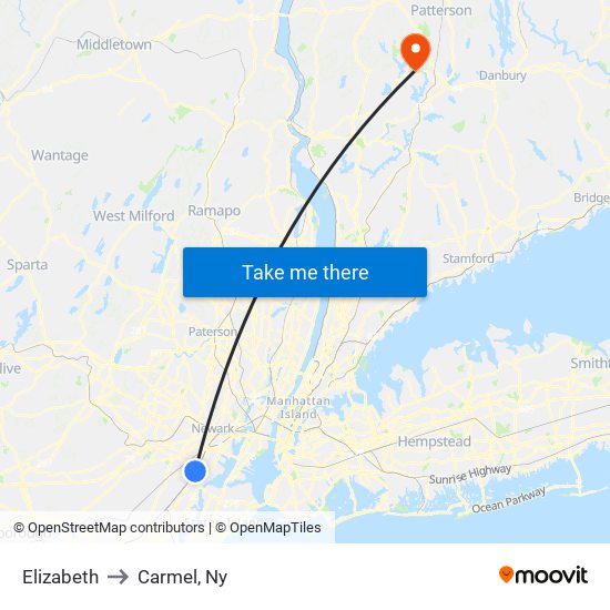 Elizabeth to Carmel, Ny map