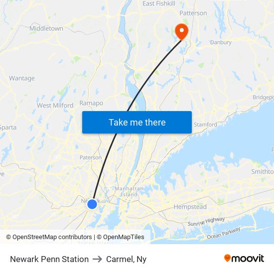 Newark Penn Station to Carmel, Ny map