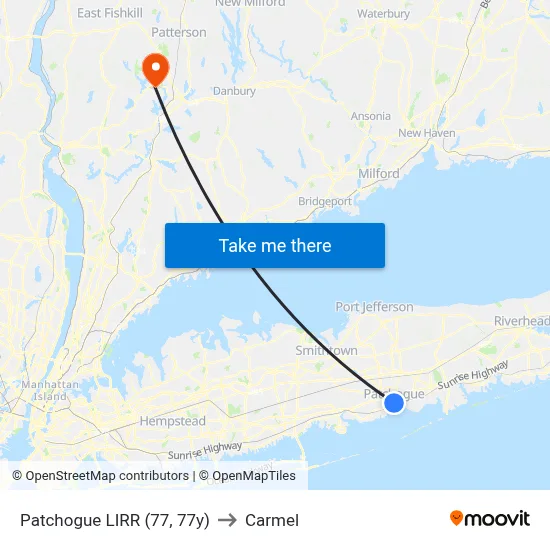 Patchogue LIRR (77, 77y) to Carmel map
