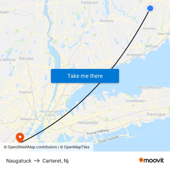 Naugatuck to Carteret, Nj map