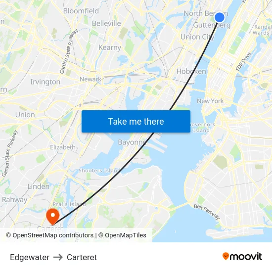 Edgewater to Carteret map